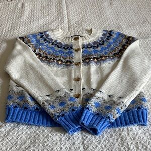 Lands' End Blue and Cream Patterned Cardigan